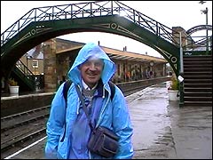 A drenched Mike at Pickering station in Yorkshire