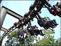 The Vampire Ride whooshes inches above peoples heads at Chessington