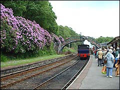 Lakeside and Haverthwaite Railway train arriving at the station in Cumbria