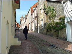 Walking up an old cobbled street in Lewes in East Sussex