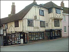 An old Lewes building housing a book shop with the books on the outside