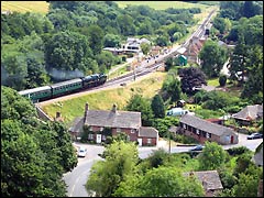 Looking down at the Swanage Railway steam train from Corfe Castle