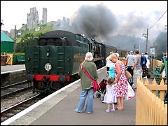 Steam train at Corfe Station in Dorset on the Swanage Railway