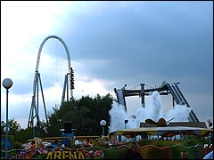 Thorpe Park's Tidal Wave to the right and Stealth on the left