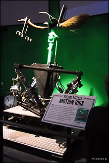 Motion rig carrying Harry Potter's broomstick against a chroma green background