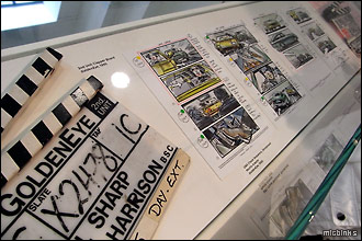 Clapper board and storyboards on display at the Bond exhibition