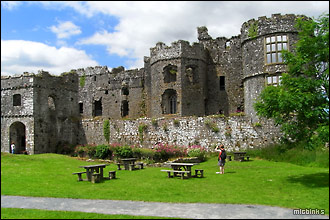 Carew Castle: picnic tables in the grounds