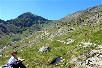 Picnic along the Pyg Track with Snowdon's summit in distance